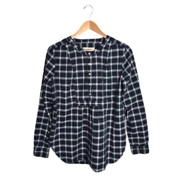 Loft Blouse Navy Plaid Long Sleeves Size Medium Flowing Blue White Cotton Winter - Picture 9 of 9